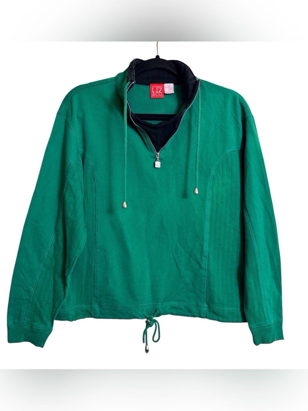 Vintage Liz Claiborne Petite Medium Green Quarter Zip Sweater Drawstring Beach